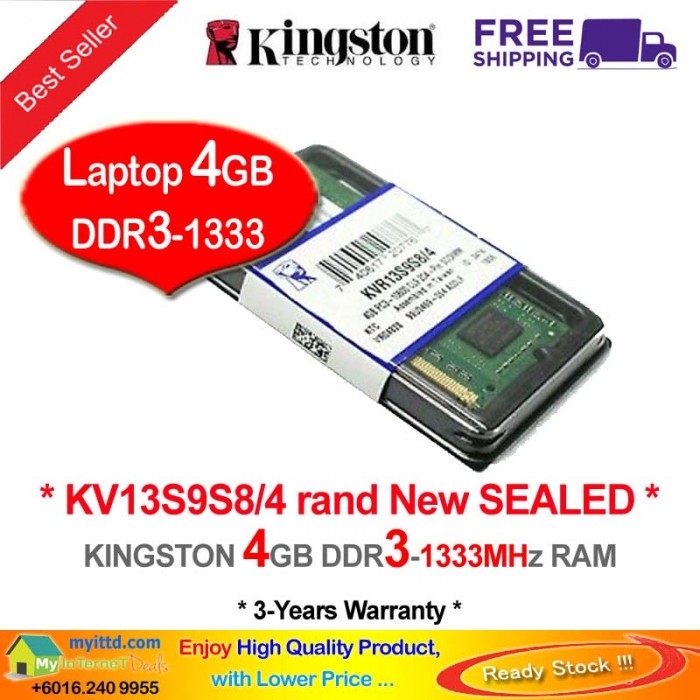 Kingston Ddr3 Ram 4gb 1333mhz Pc10600 Laptop Notebook Ram Kvr13s9s8 4g